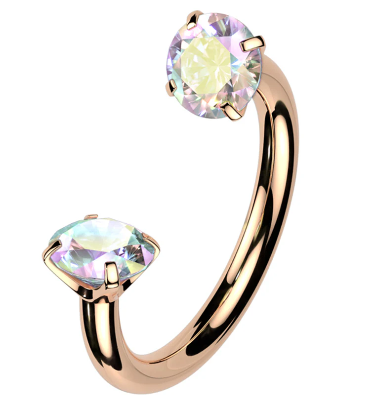 Rose Gold PVD Prong Rainbow Aurora CZ Titanium Internally Threaded Circular Barbell - Mrs Treak