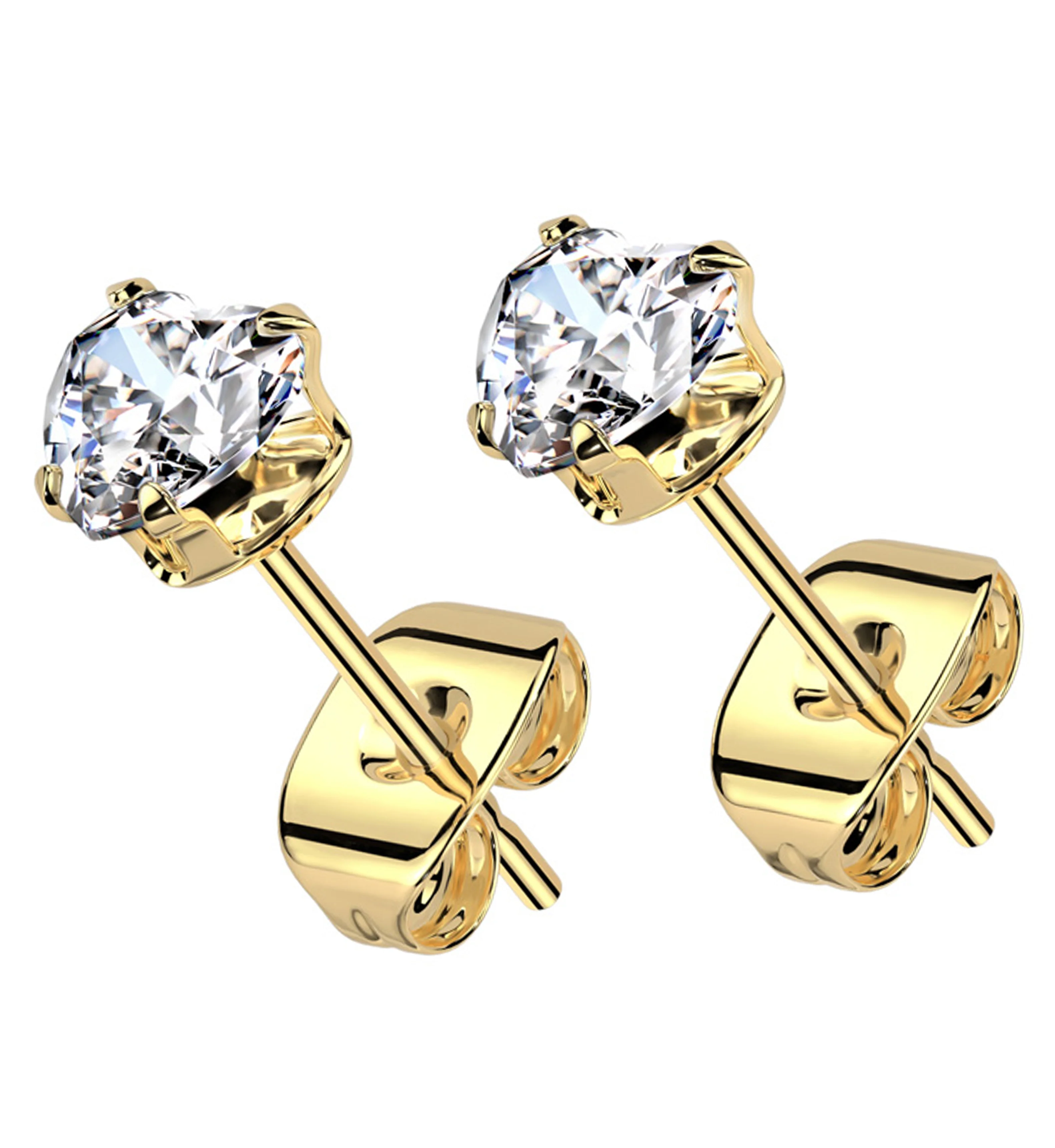Gold PVD Prong Heart Clear CZ Stainless Steel Stud Earrings - Mrs Treak