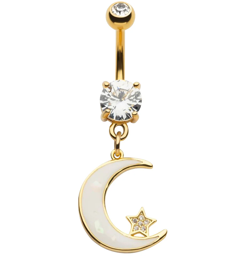 Gold PVD Half Moon White Opalite Dangle Belly Button Ring - Mrs Treak