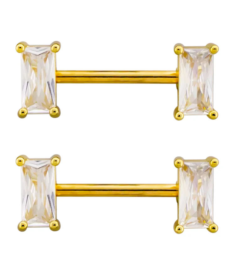 Gold PVD Baguette Clear CZ Stainless Steel Nipple Barbell - Mrs Treak