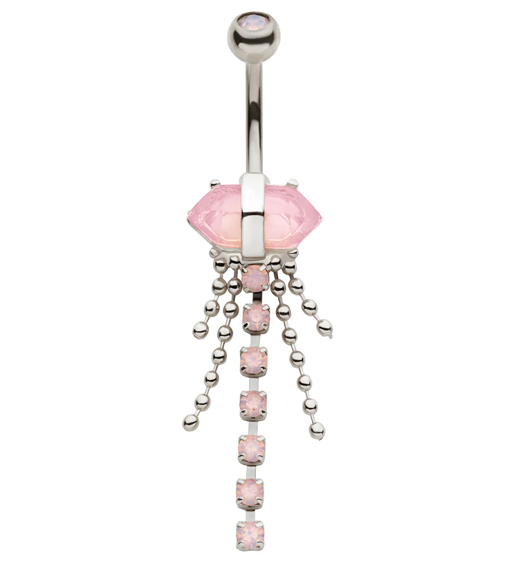 Pink Crystal Bead Chain Stainless Steel Belly Button Ring - Mrs Treak