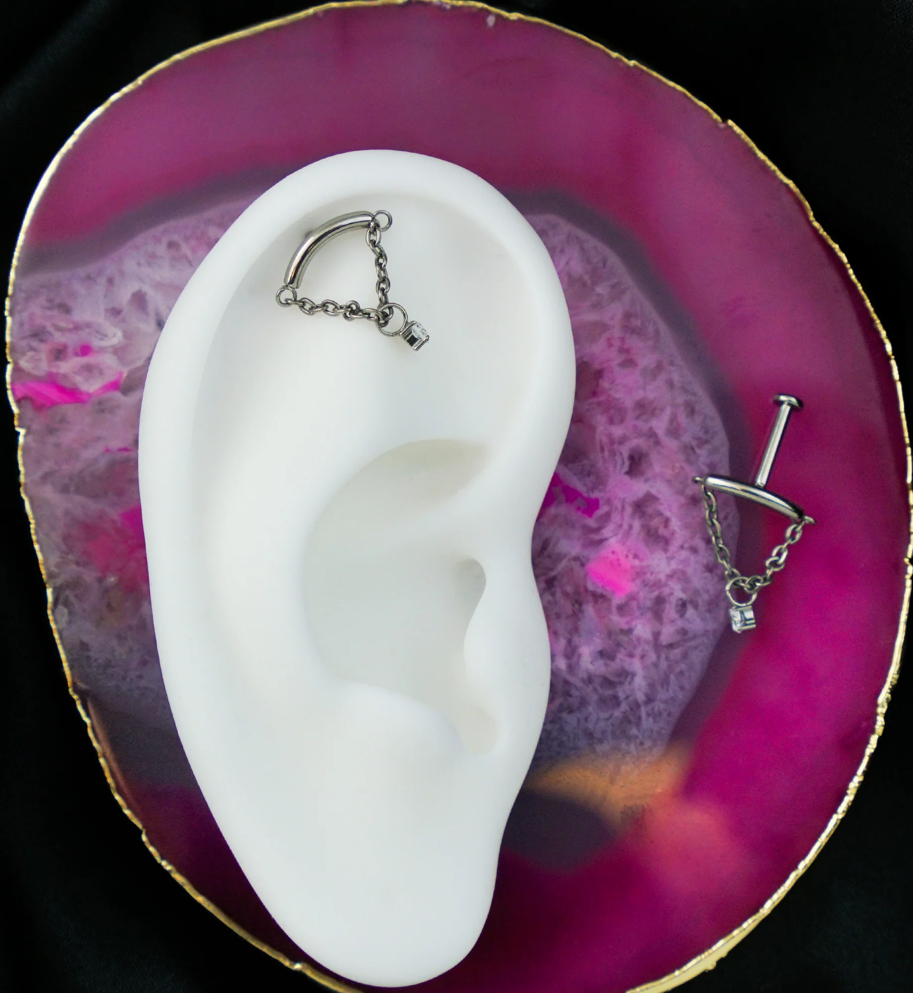 Curved Bar Dangle Clear CZ Chain Titanium Threadless Labret - Mrs Treak