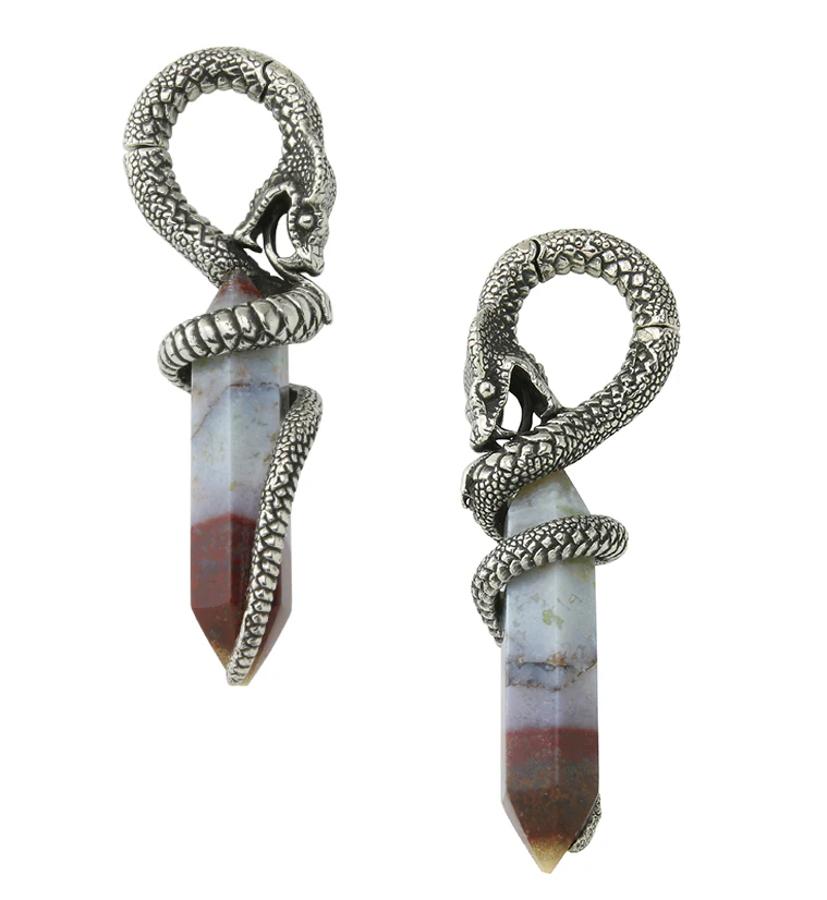Red Moss Agate Cobra White Brass Hinged Ear Weights - Mrs Treak