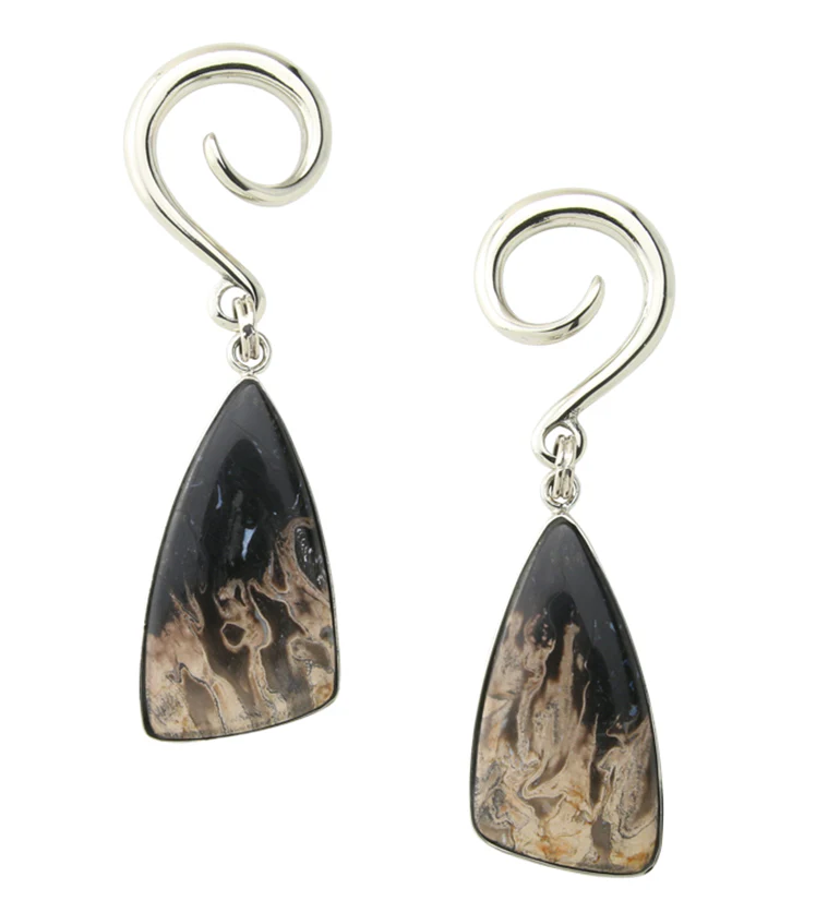 Black Flame Petrified Palm Root Stone White Brass Ear Weights Version 2 - Mrs Treak