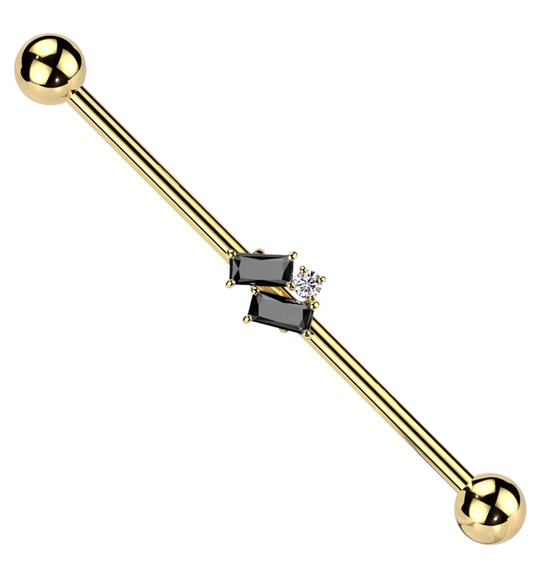 Gold PVD Double Slanted Baguette Black CZ Stainless Steel Industrial Barbell - Mrs Treak