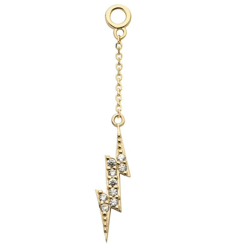 14kt Gold Electric Bolt Clear CZ Dangle Chain Charm - Mrs Treak