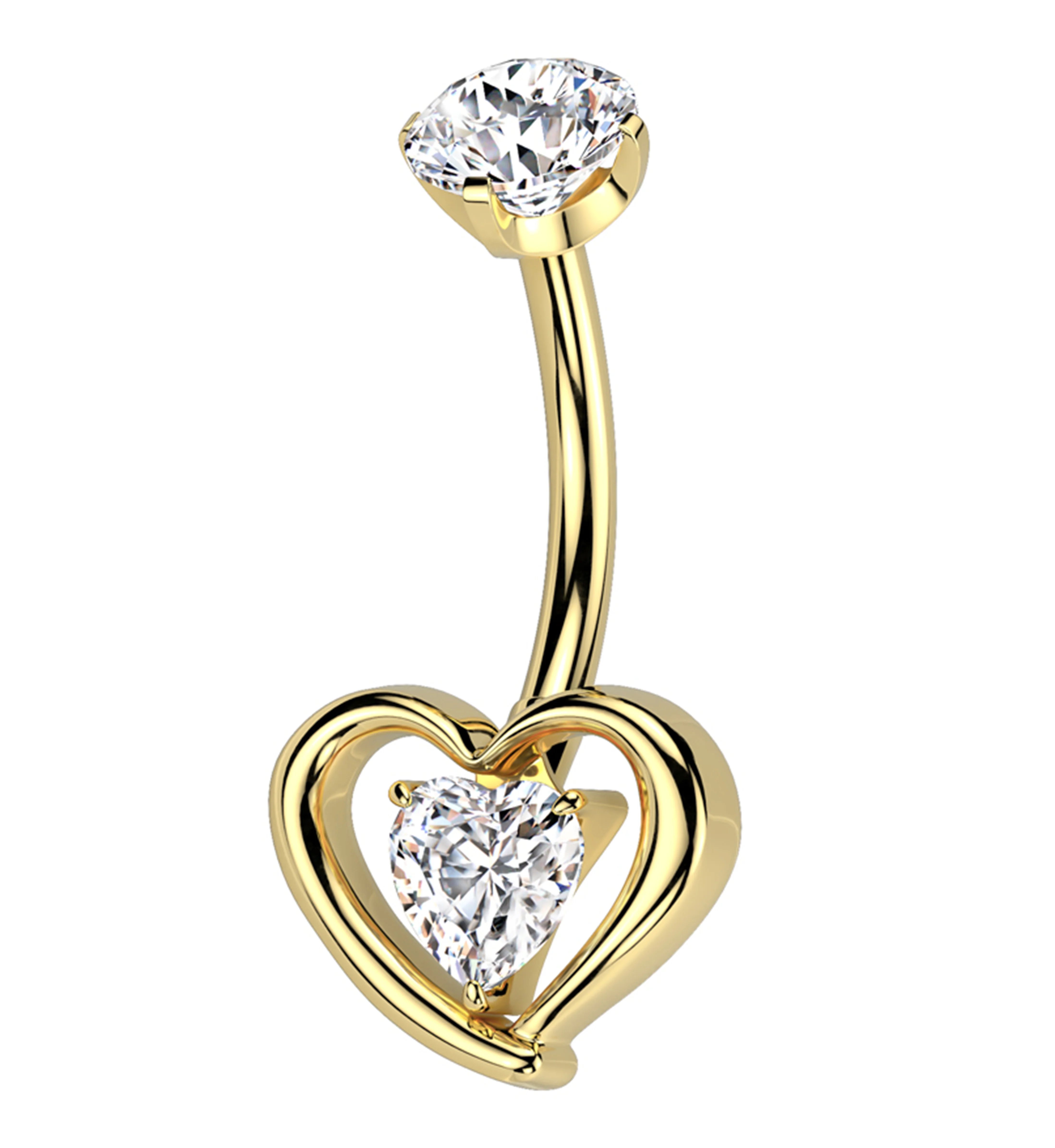 Gold PVD Enveloped Heart Clear CZ Titanium Internally Threaded Belly Button Ring - Mrs Treak