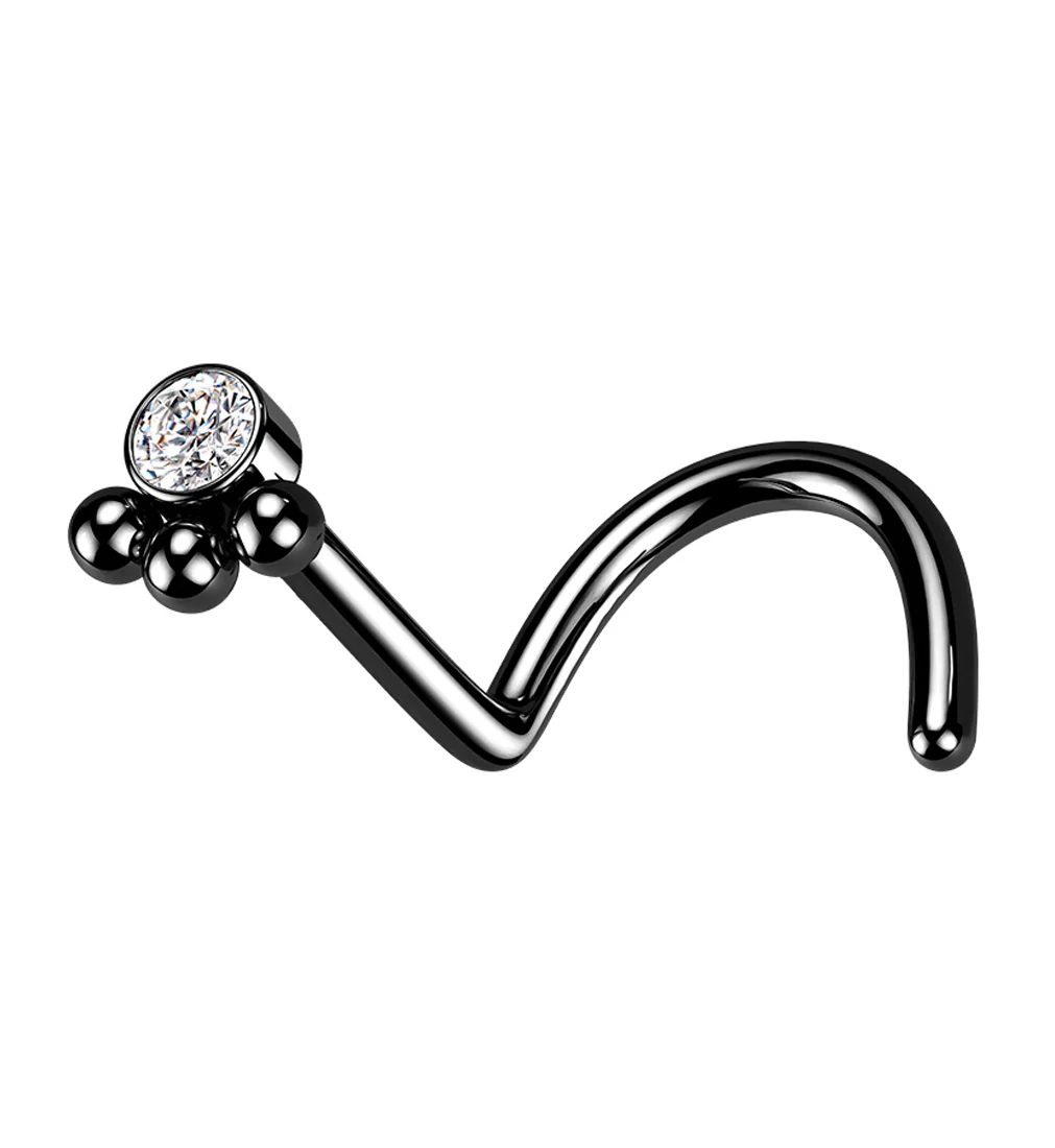 Black PVD Triple Beaded Clear CZ Nose Screw Ring - Mrs Treak