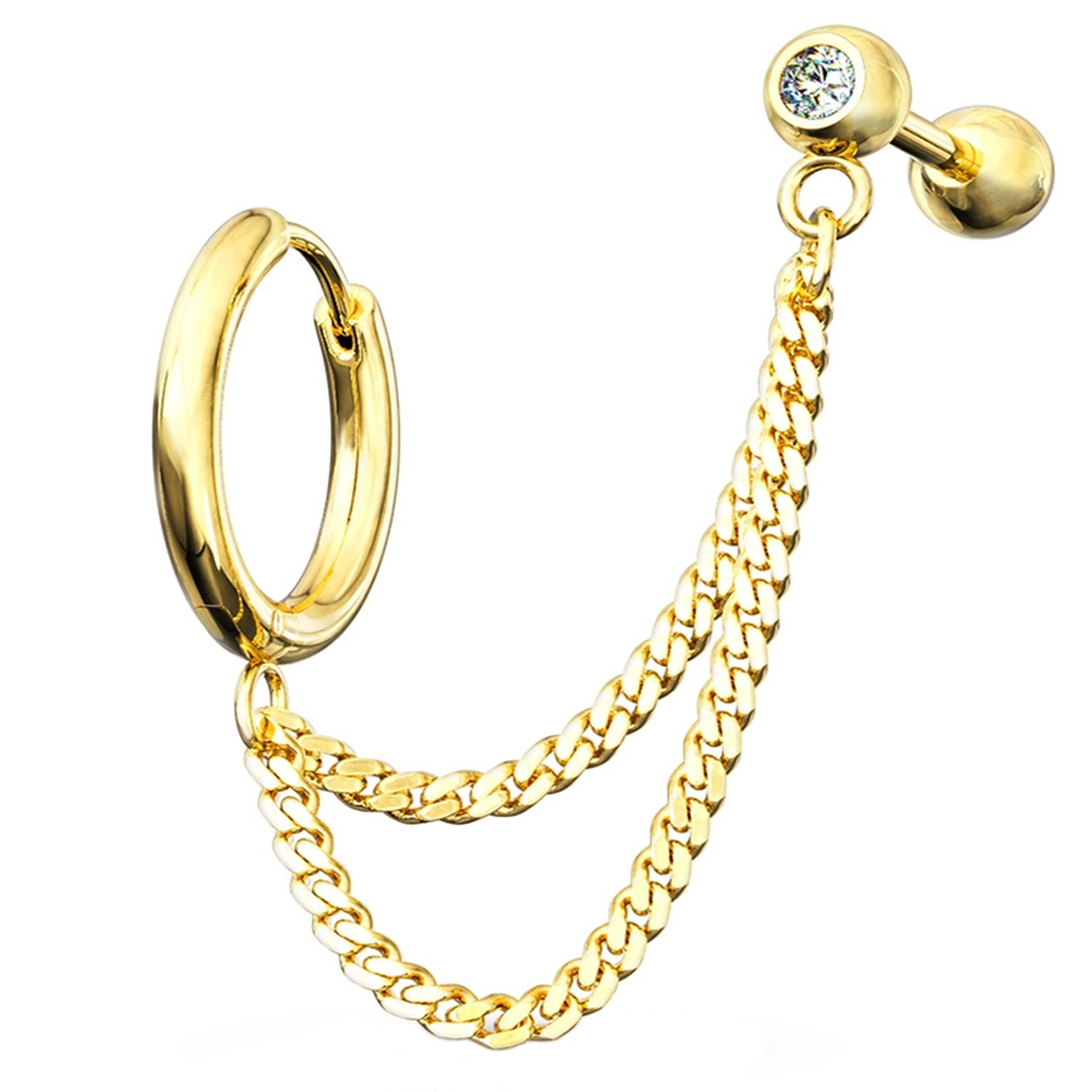 Gold PVD Double Linked Hinged Hoop Ring & CZ Cartilage Barbell - Mrs Treak