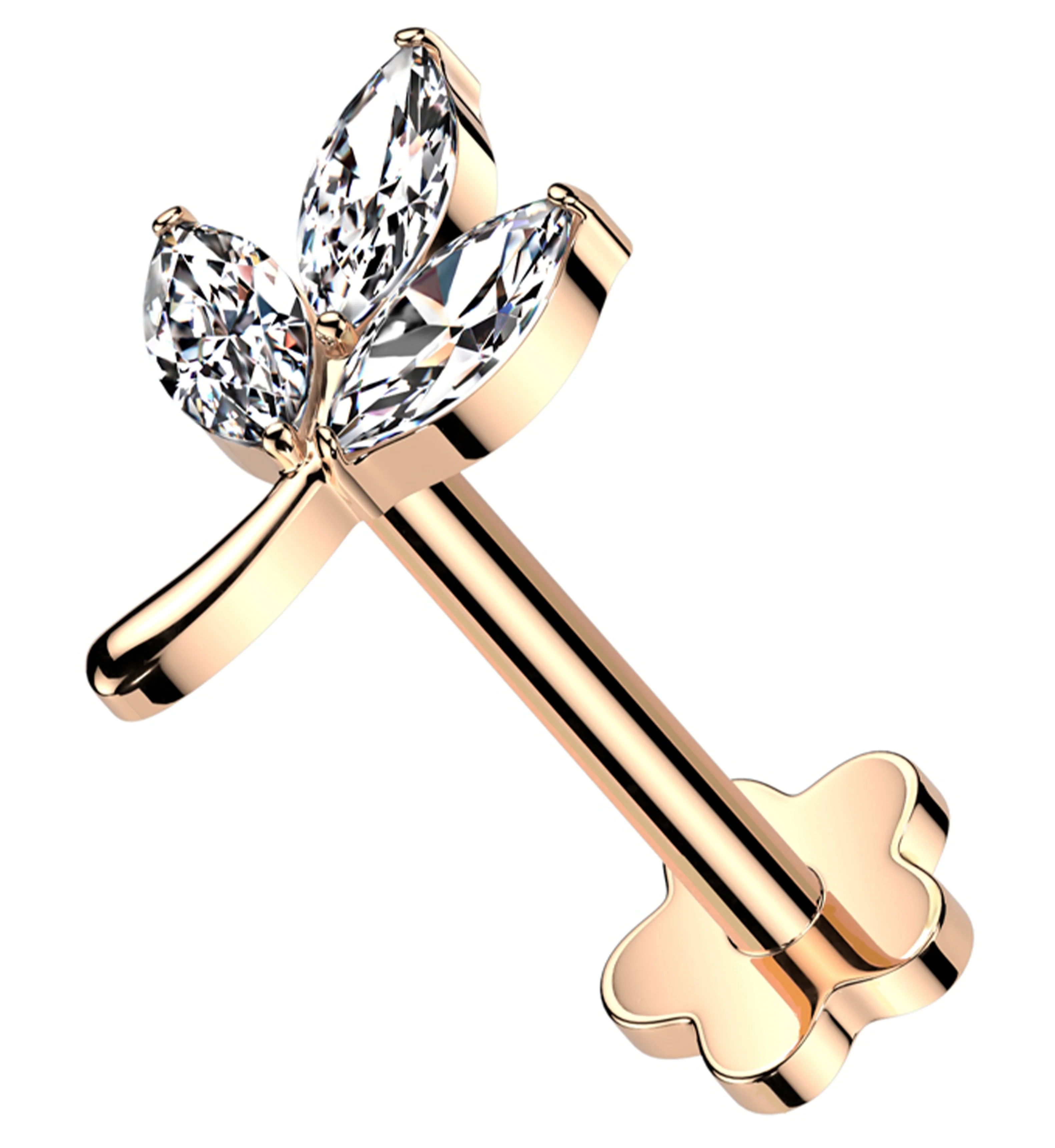 Rose Gold PVD Marquise Leaf Clear CZ Flower Back Titanium Threadless Labret - Mrs Treak