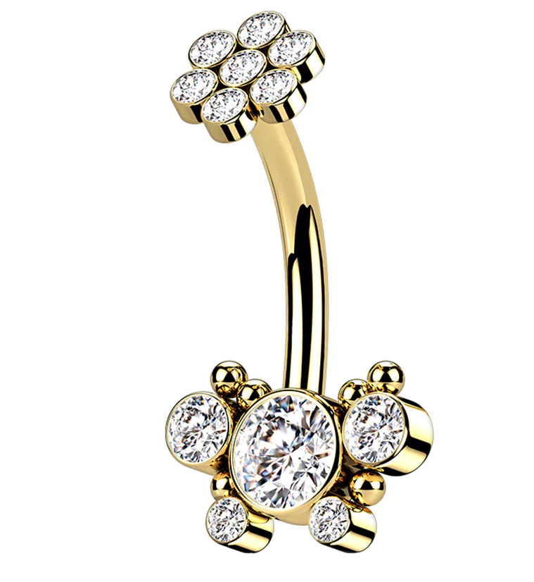 Gold PVD CZ Cluster with Floret Top Belly Button Ring - Mrs Treak