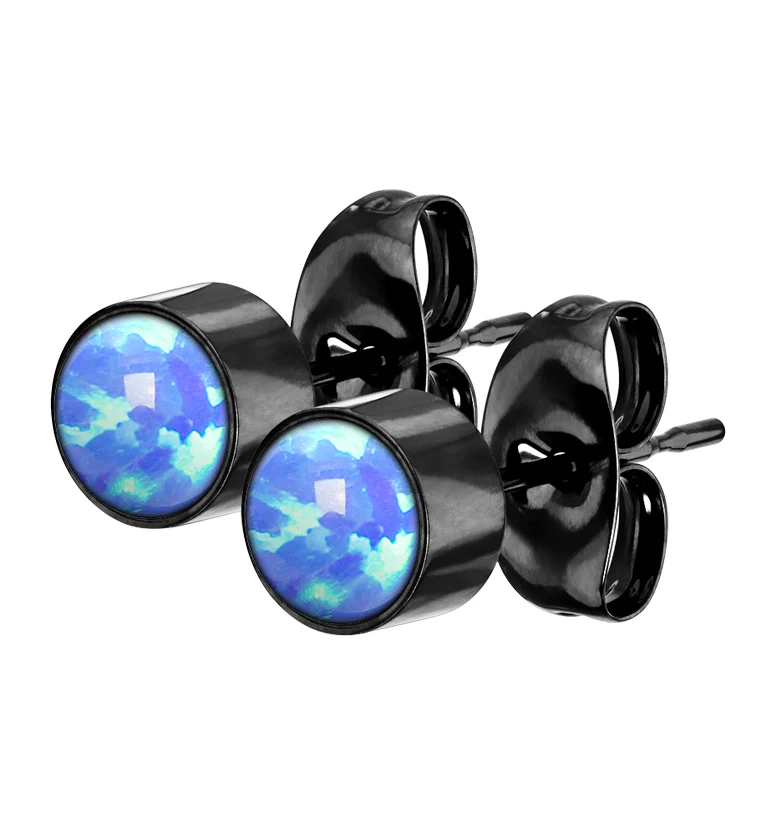 Black PVD Bezel Blue Opalite Stainless Steel Earrings - Mrs Treak