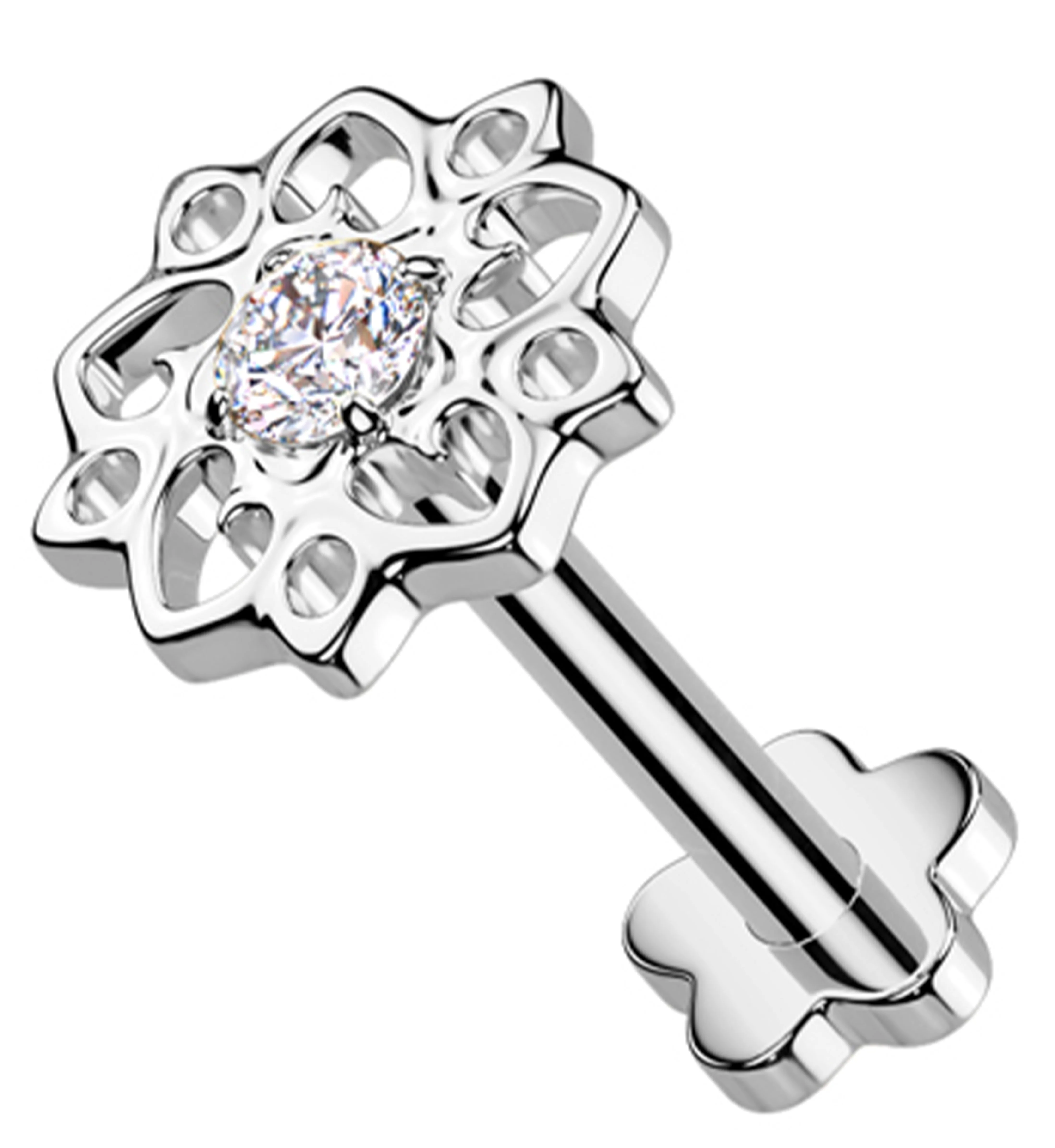Flower Urge Clear CZ Threadless Titanium Flower Back Labret - Mrs Treak