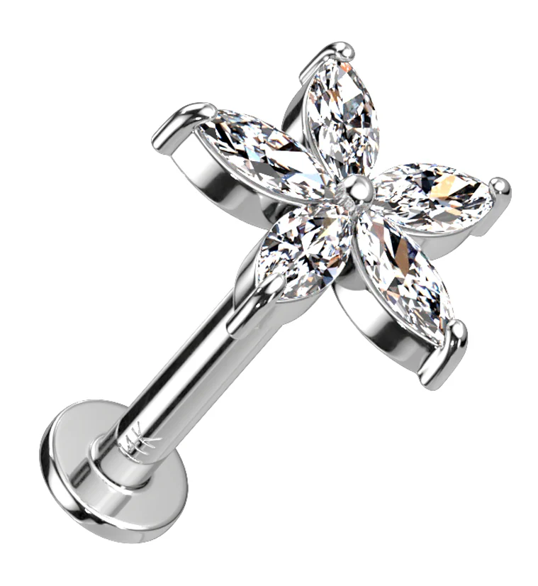 14kt White Gold Starflower CZ Threadless Labret - Mrs Treak