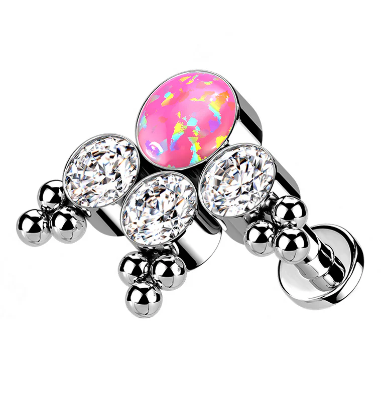 16G Triple Beaded CZ Pink Opal Titanium Labret Post - Mrs Treak