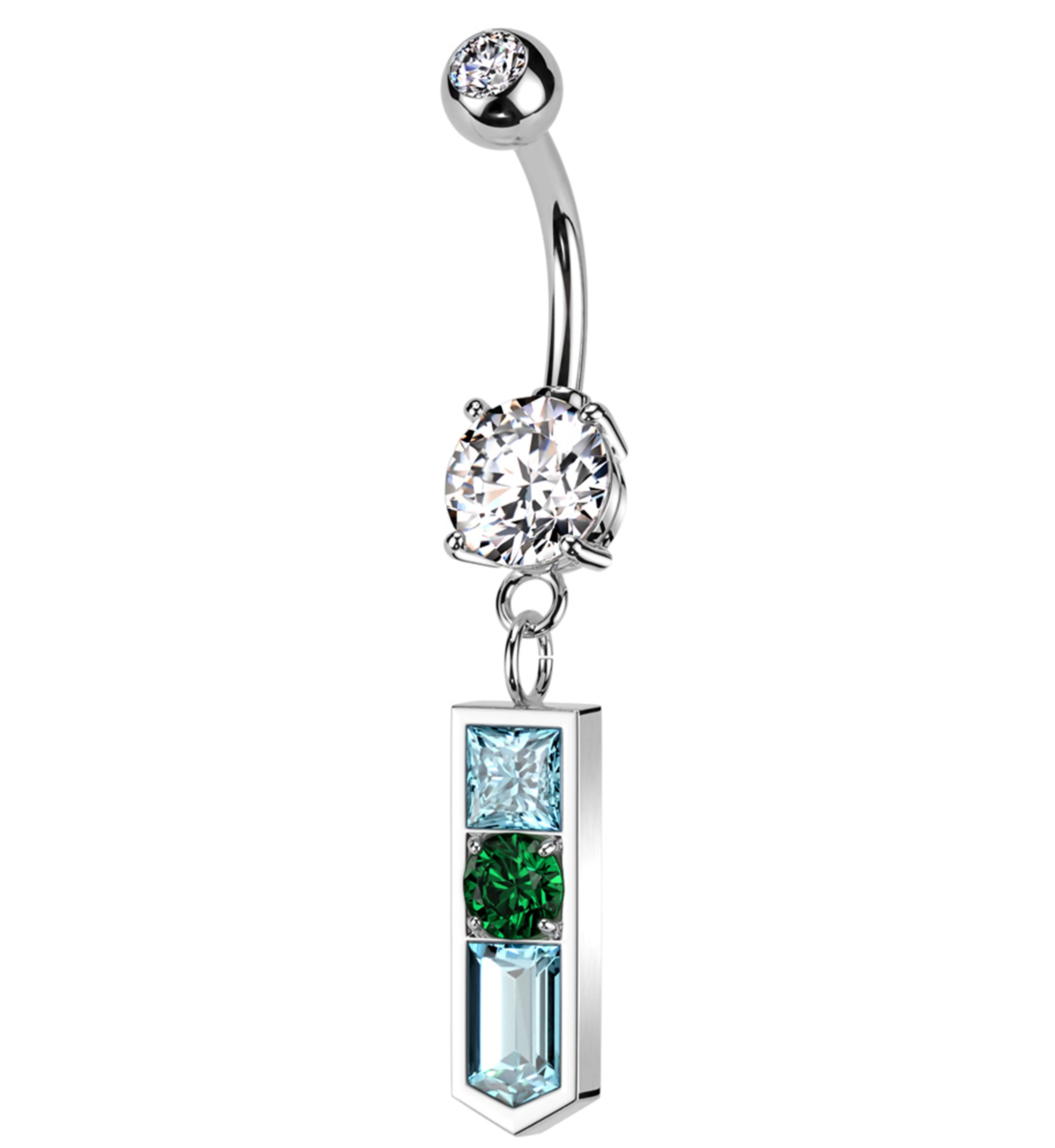 Pointed Baguette Multi CZ Dangle Stainless Steel Belly Button Ring - Mrs Treak