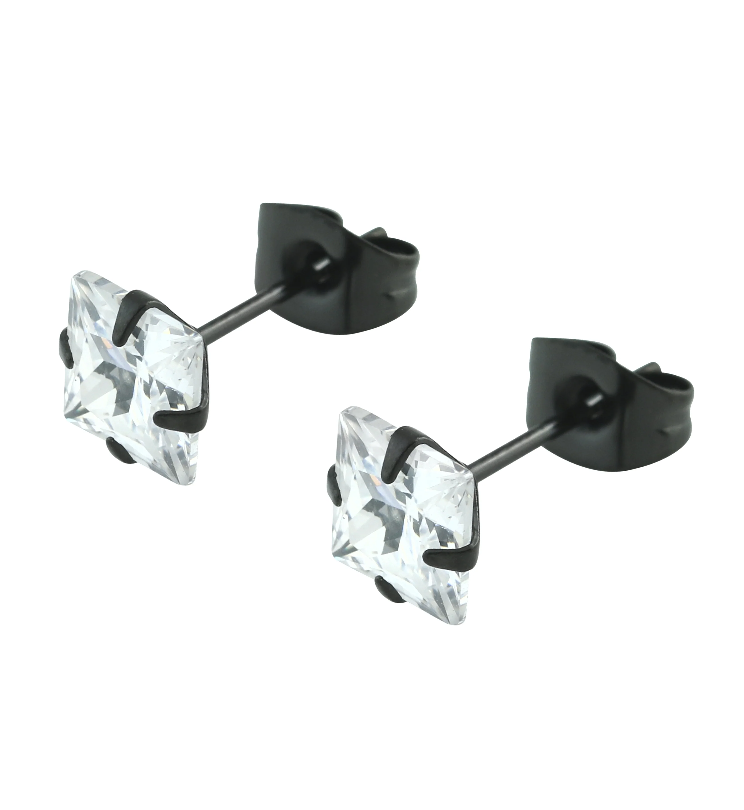 Black PVD Square Clear CZ Stainless Steel Stud Earrings - Mrs Treak