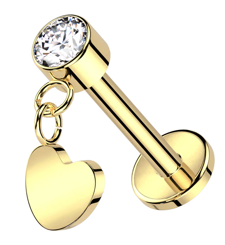 Gold PVD Heart Dangle Clear CZ Titanium Threadless Labret - Mrs Treak