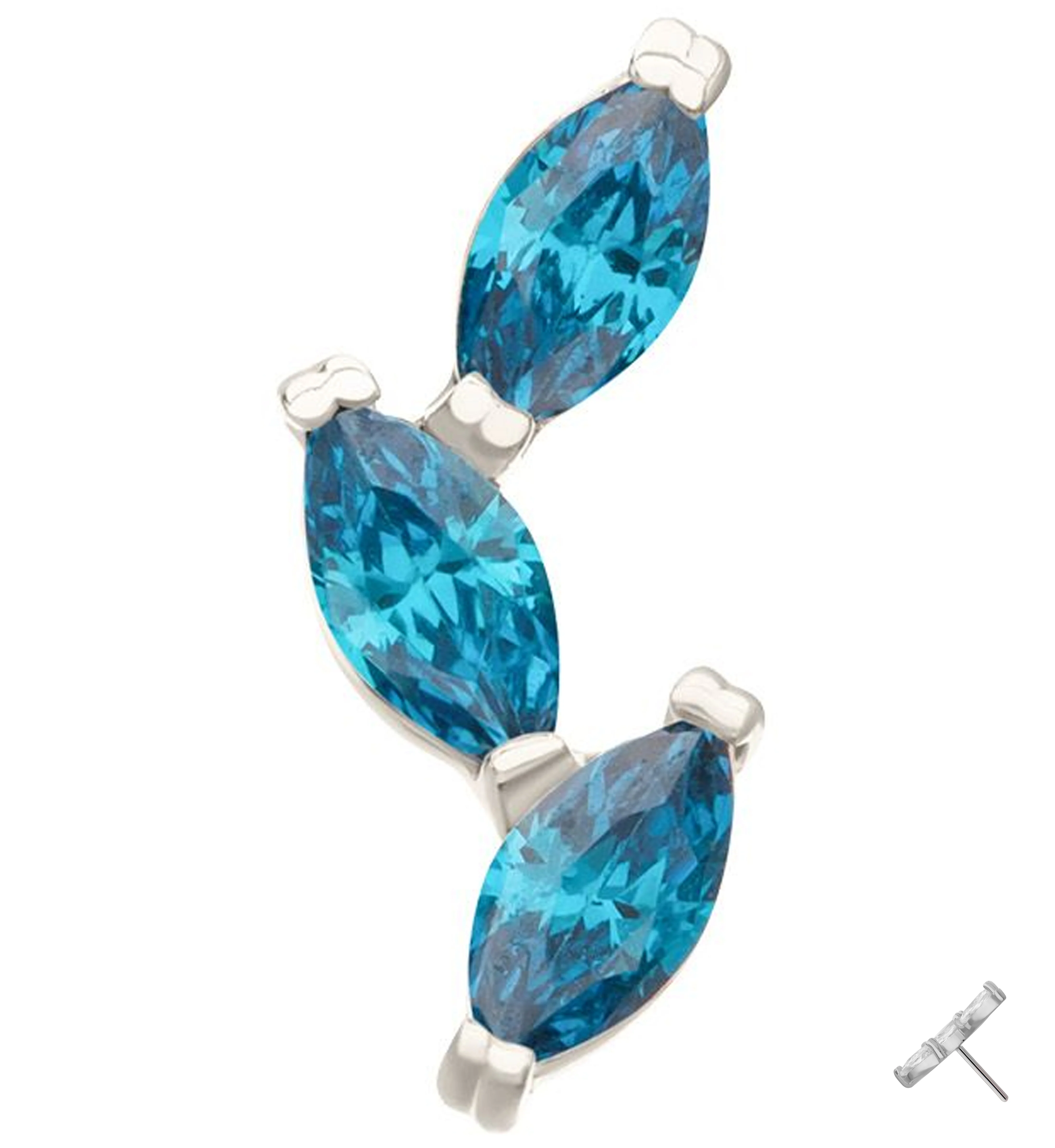 14kt White Gold Triple Marquise Vine Blue Topaz CZ Threadless Top - Mrs Treak