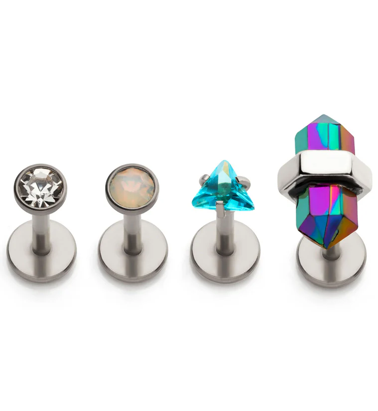 Aqua Triangle CZ and Rainbow Aurora Crystal Stainless Steel Internally Threaded Labret (Pack of 4) - Mrs Treak