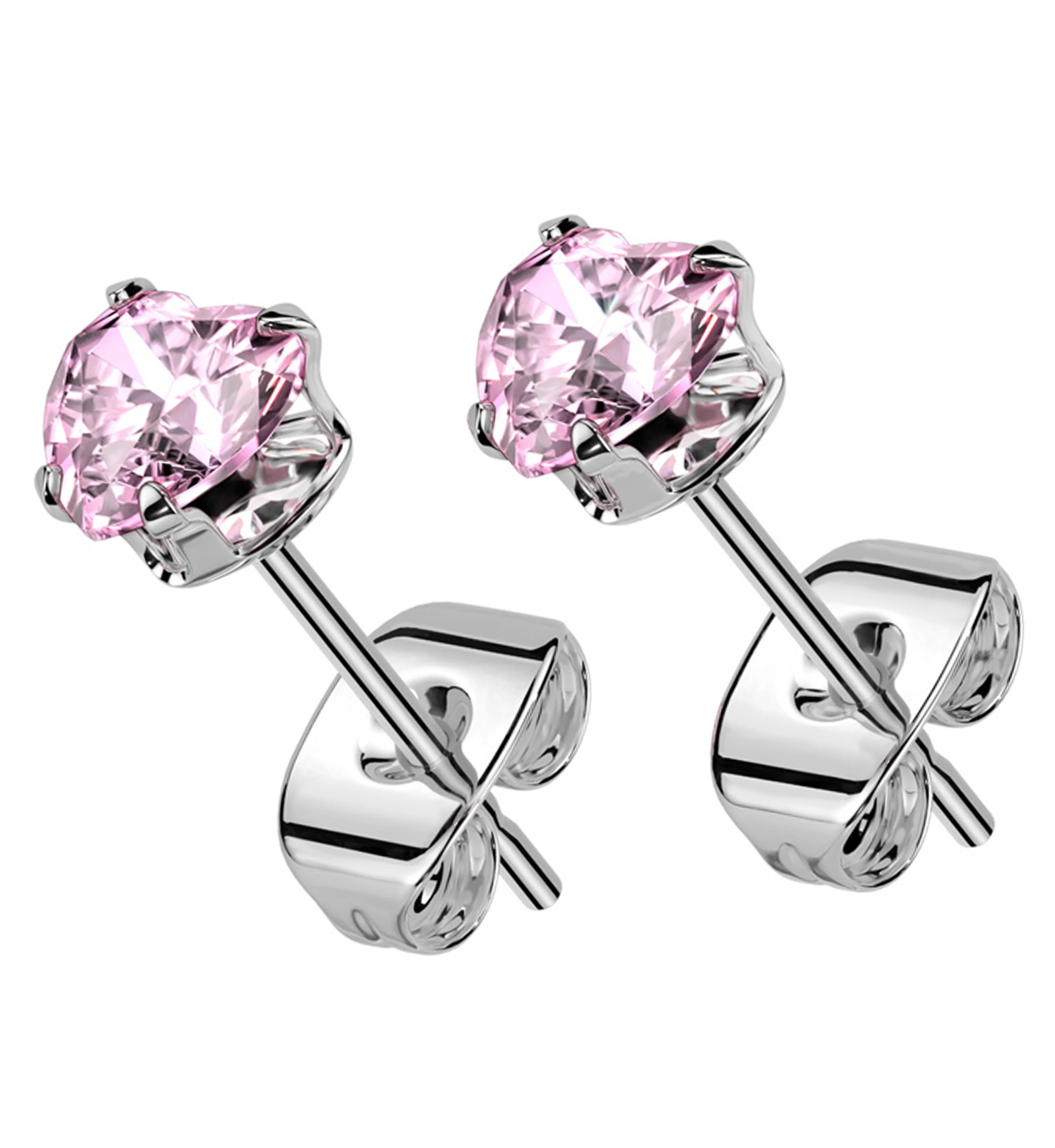 Prong Heart Pink CZ Stainless Steel Stud Earrings - Mrs Treak