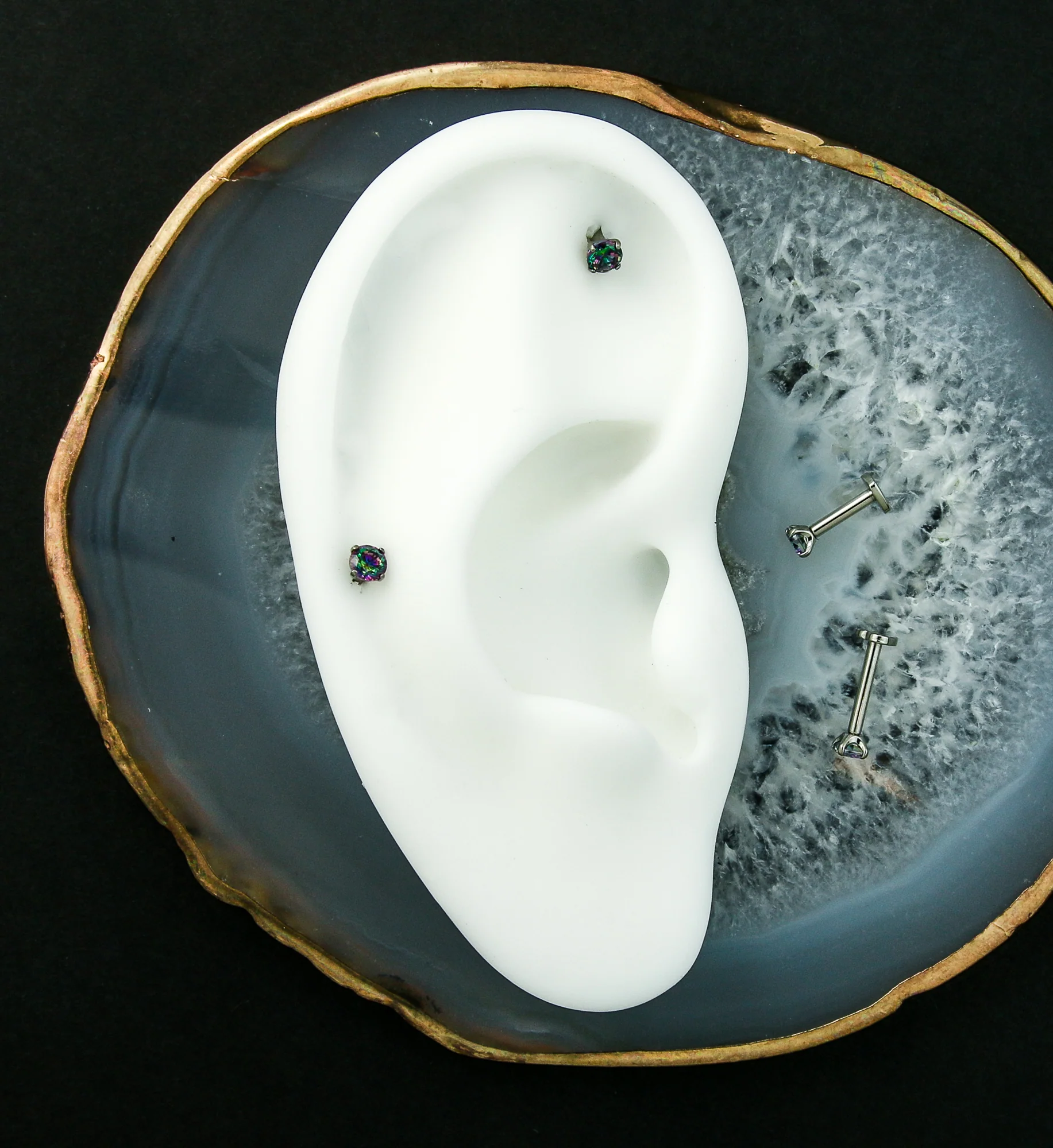 Black PVD Prong Black Aurora CZ Internally Threaded Titanium Heart Disk Labret - Mrs Treak