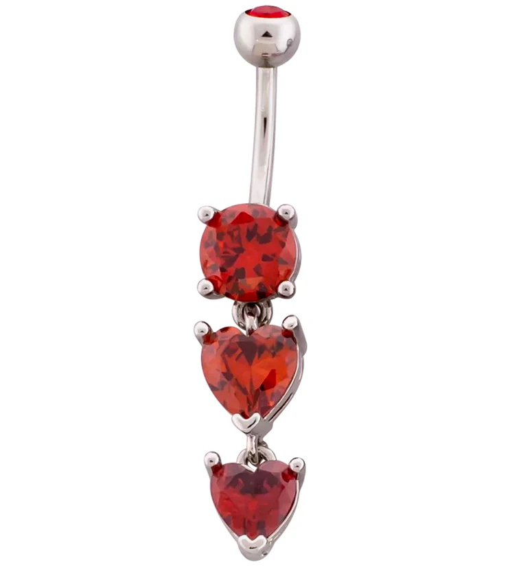 Double Red Heart CZ Dangle Stainless Steel Belly Button Ring - Mrs Treak