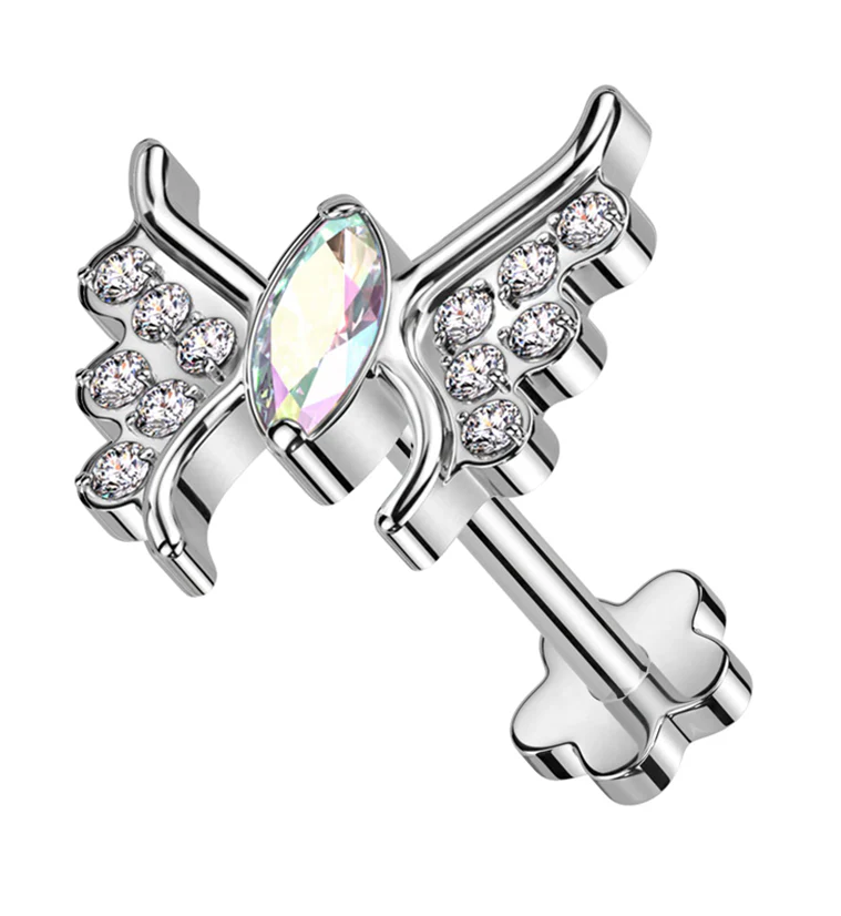 Wings Rainbow Aurora CZ Threadless Titanium Flower Back Labret - Mrs Treak