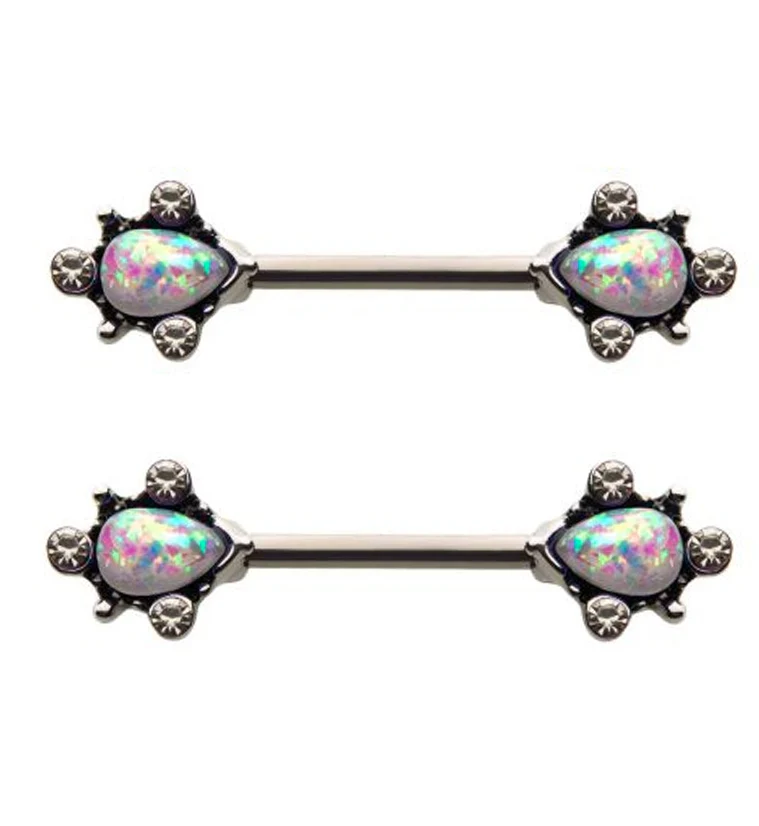 14G Opalite & CZ Filigree Nipple Rings Barbell - Mrs Treak