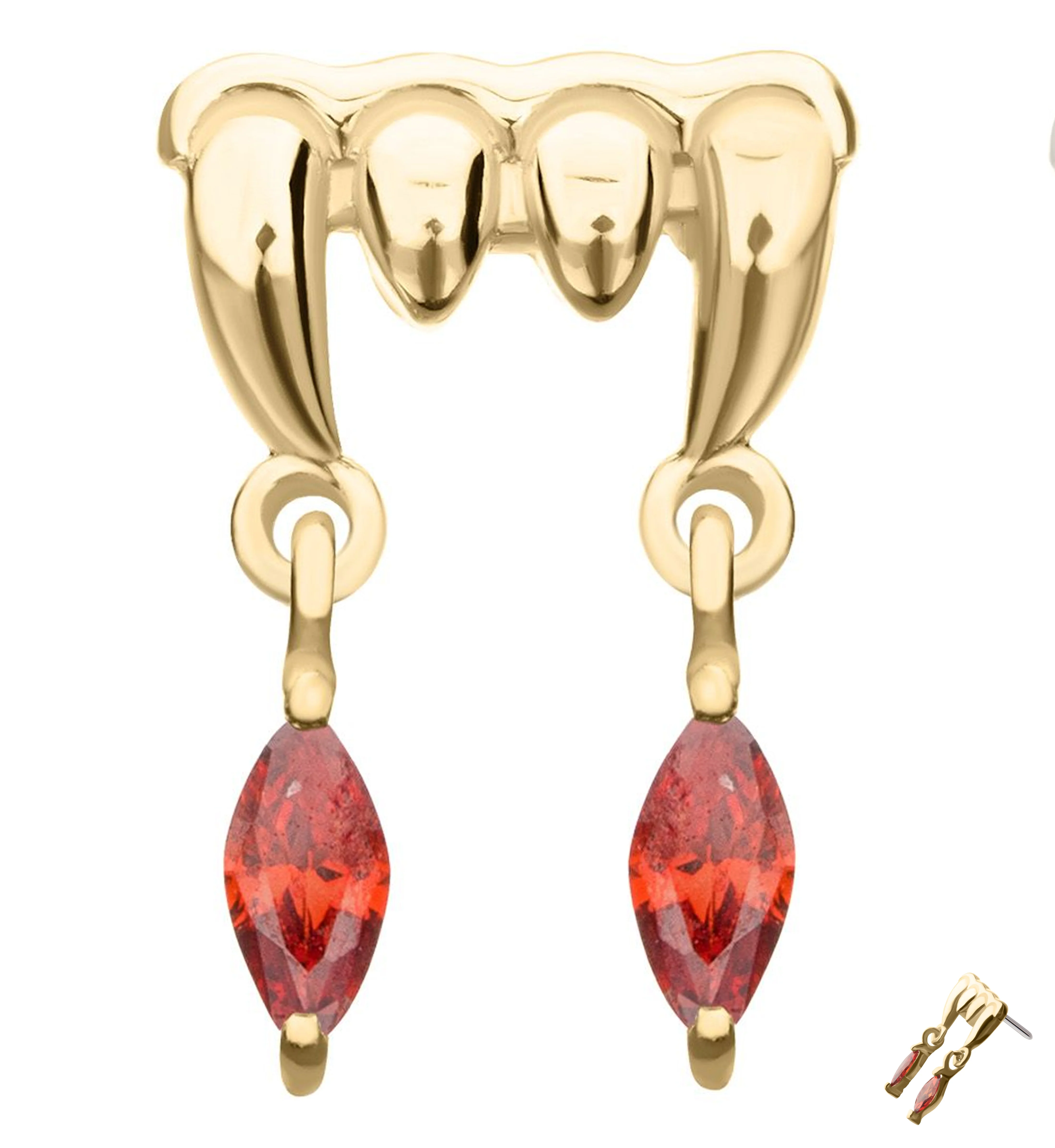 14kt Gold Fang Garnet CZ Drip Threadless Top - Mrs Treak