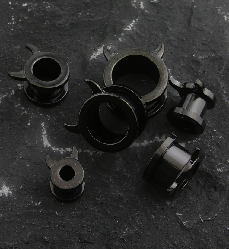 Black PVD Devil Horns Stainless Steel Tunnel Plugs - Mrs Treak