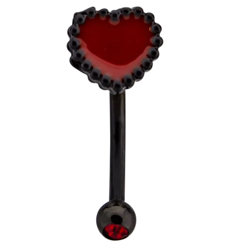 Black PVD Red Beaded Heart Red CZ Curved Barbell - Mrs Treak