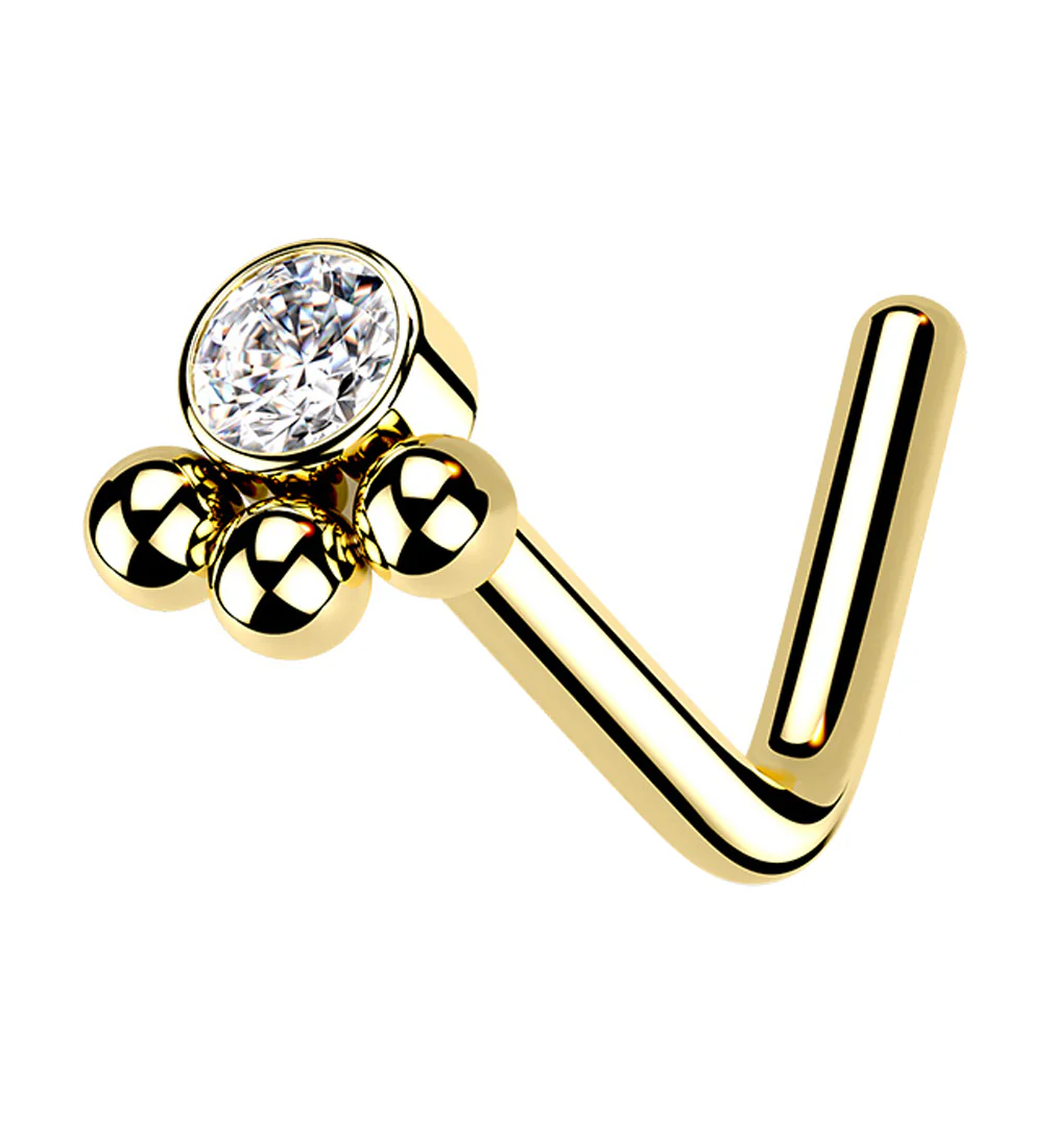Gold PVD Triple Beaded Clear CZ L Bend Nose Stud - Mrs Treak