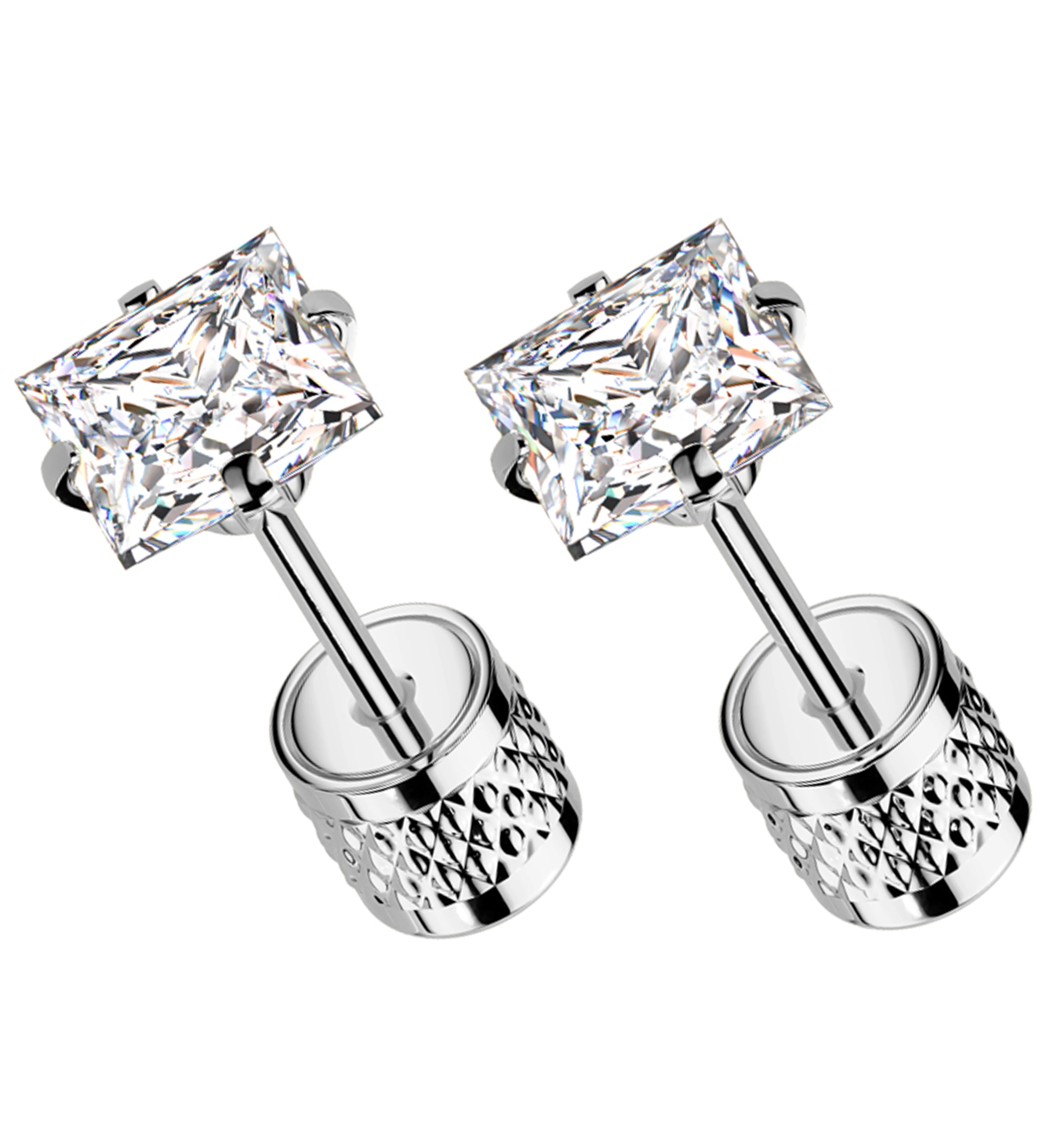 Square Clear CZ Stainless Steel Textured Cylinder Back Stud Earrings - Mrs Treak