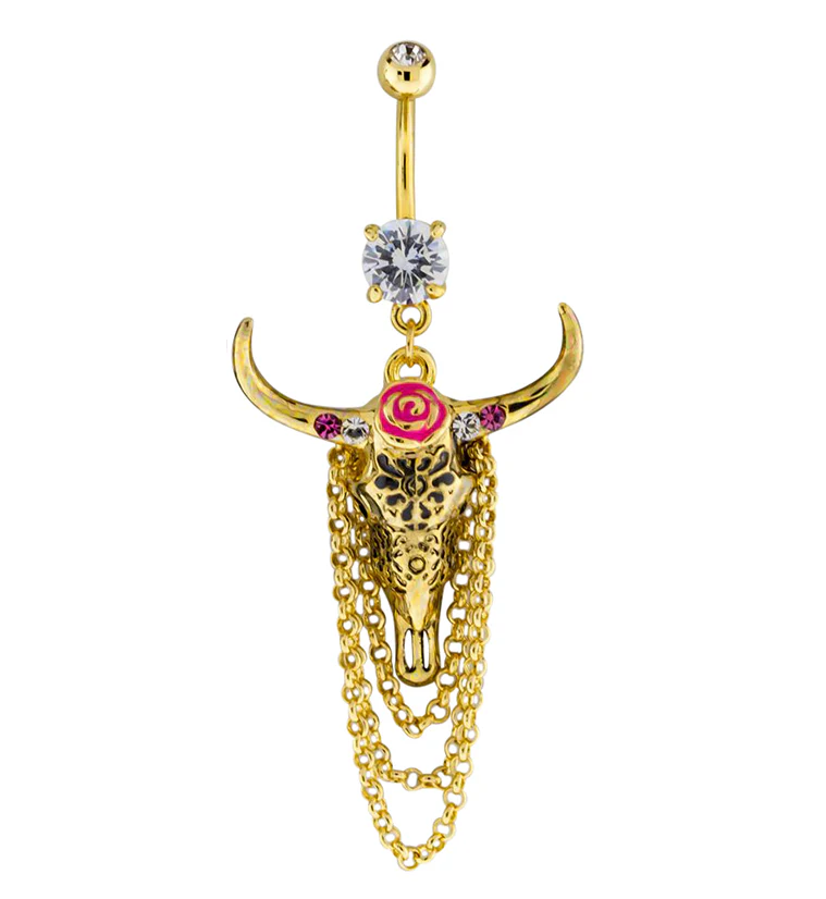 Gold PVD Floral Longhorn Skull Dangle Chain Belly Button Ring - Mrs Treak