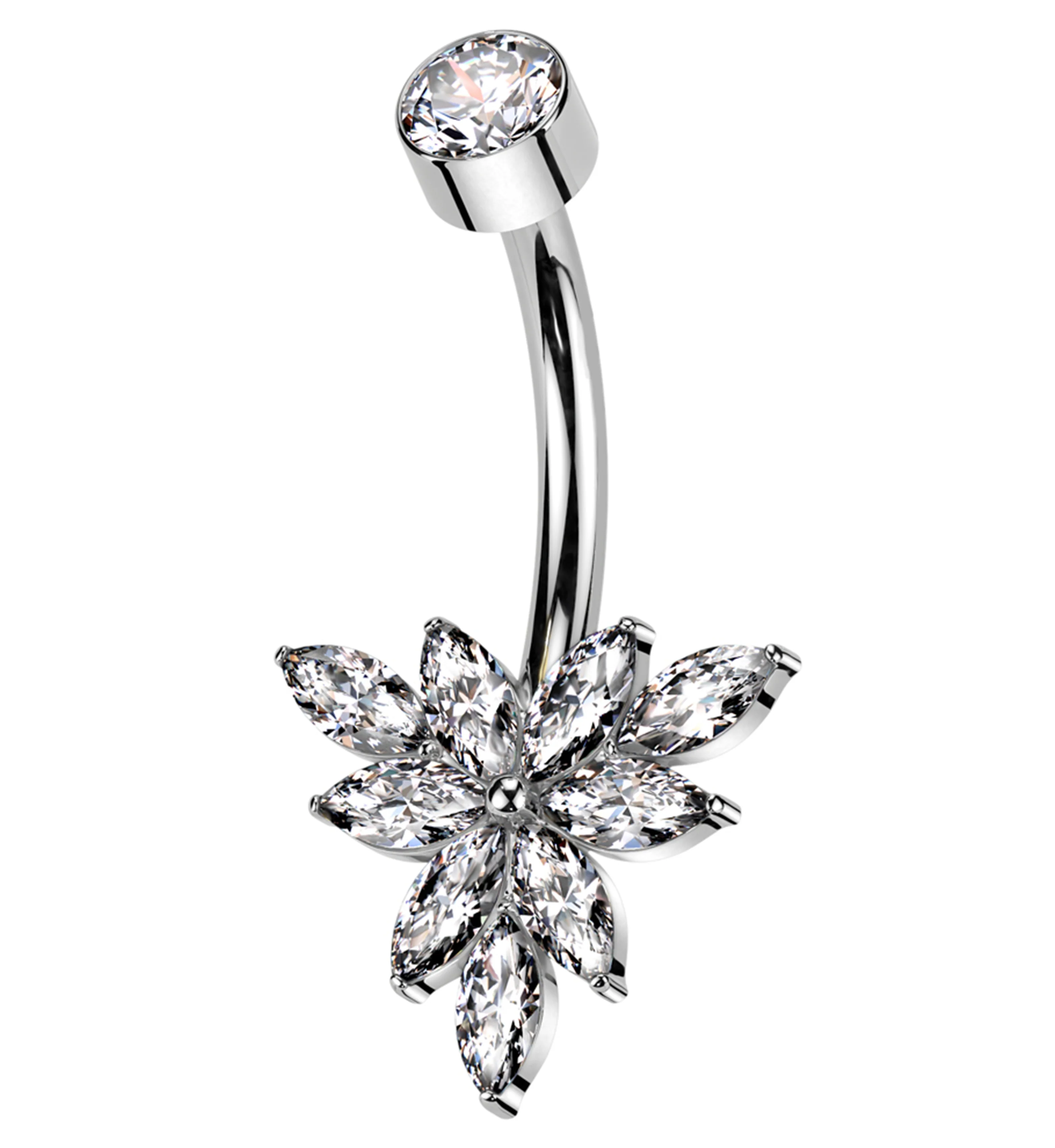 Triangle Marquise Flower Clear CZ Internally Threaded Titanium Belly Button Ring - Mrs Treak