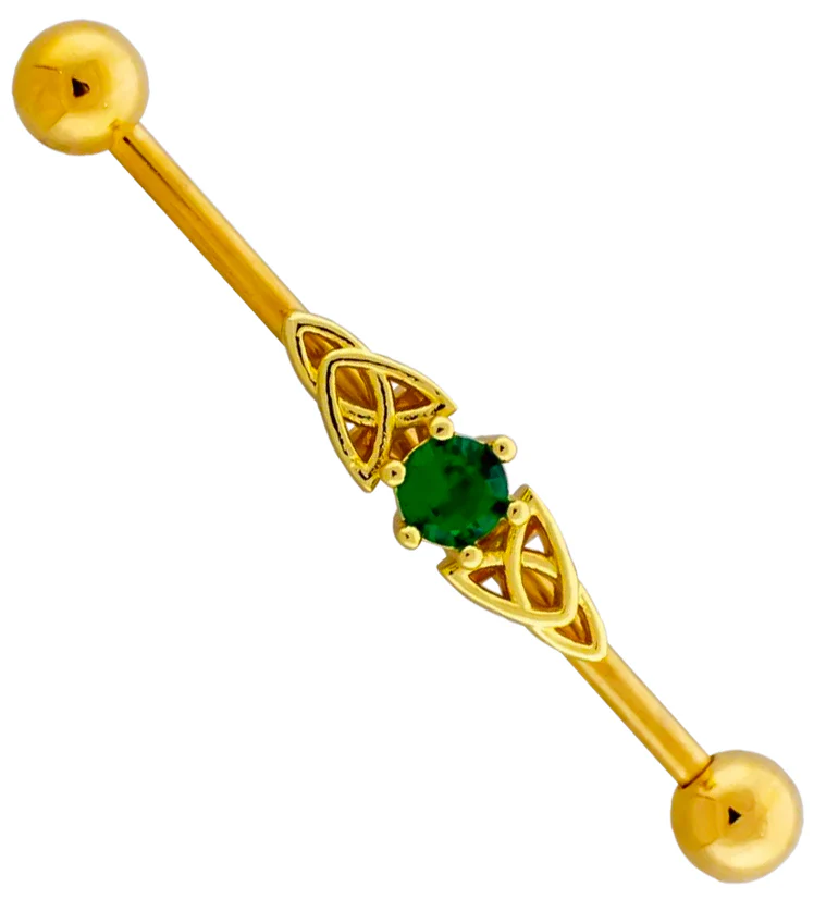 Gold PVD Celtic Knot Green CZ Stainless Steel Industrial Barbell - Mrs Treak