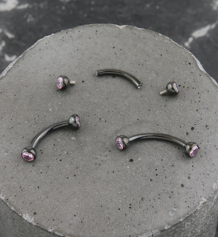 Black PVD Titanium Double Bezel Pink CZ Internally Threaded Curved Barbell - Mrs Treak