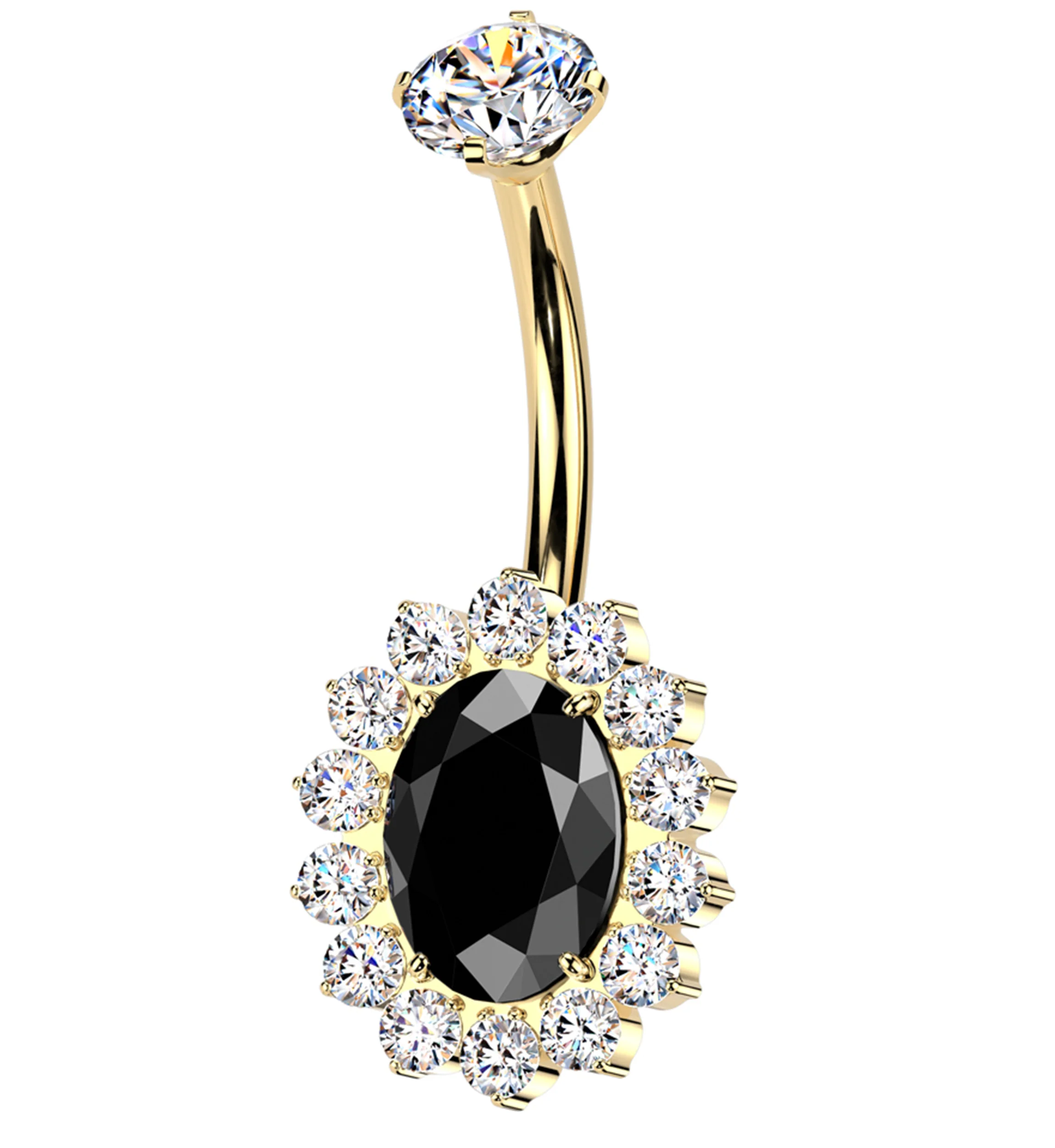 Gold PVD Gild Oval Black CZ Titanium Internally Threaded Belly Button Ring - Mrs Treak
