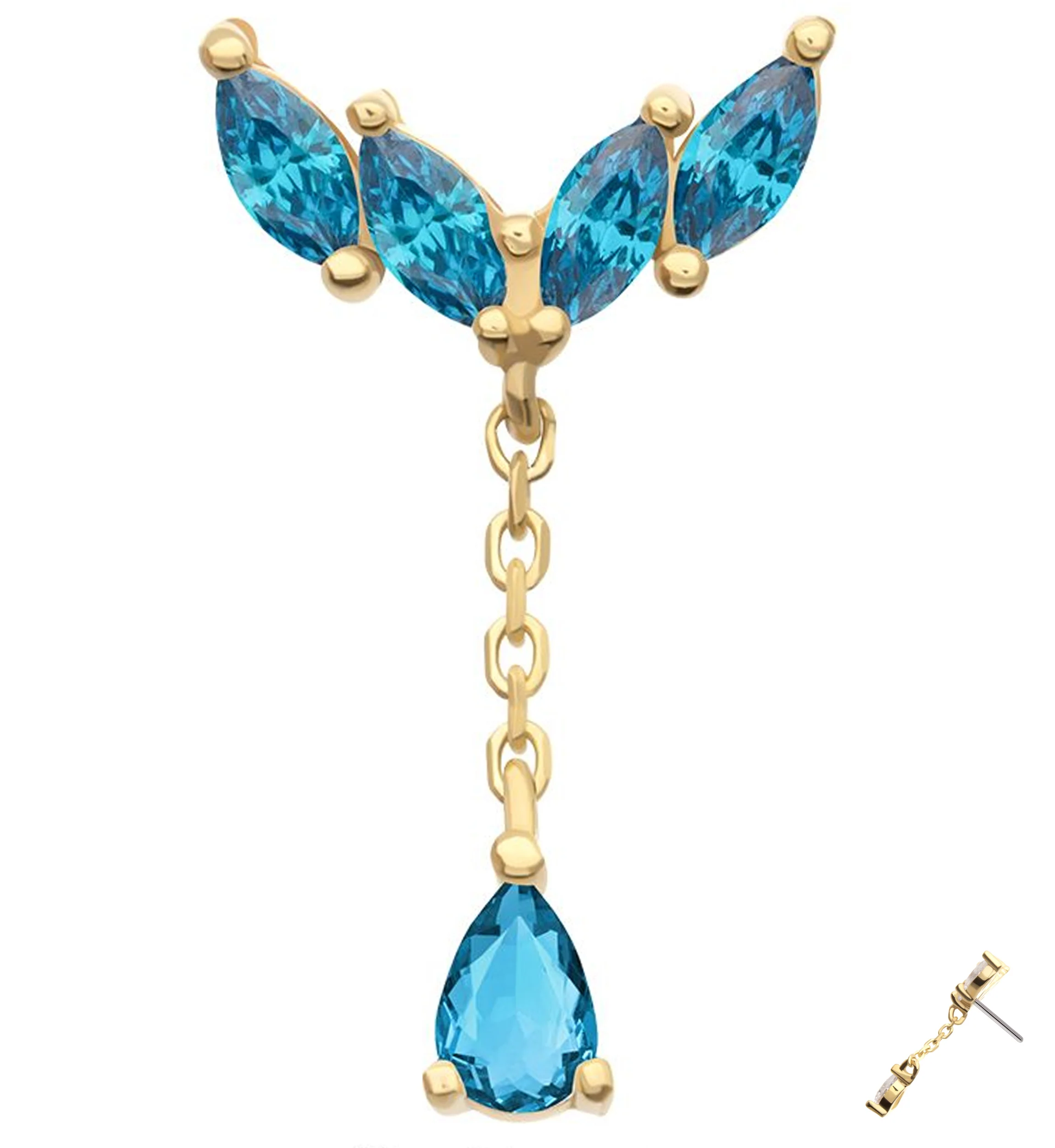 14kt Gold Arrow Marquise Blue Topaz CZ Dangle Threadless Top - Mrs Treak