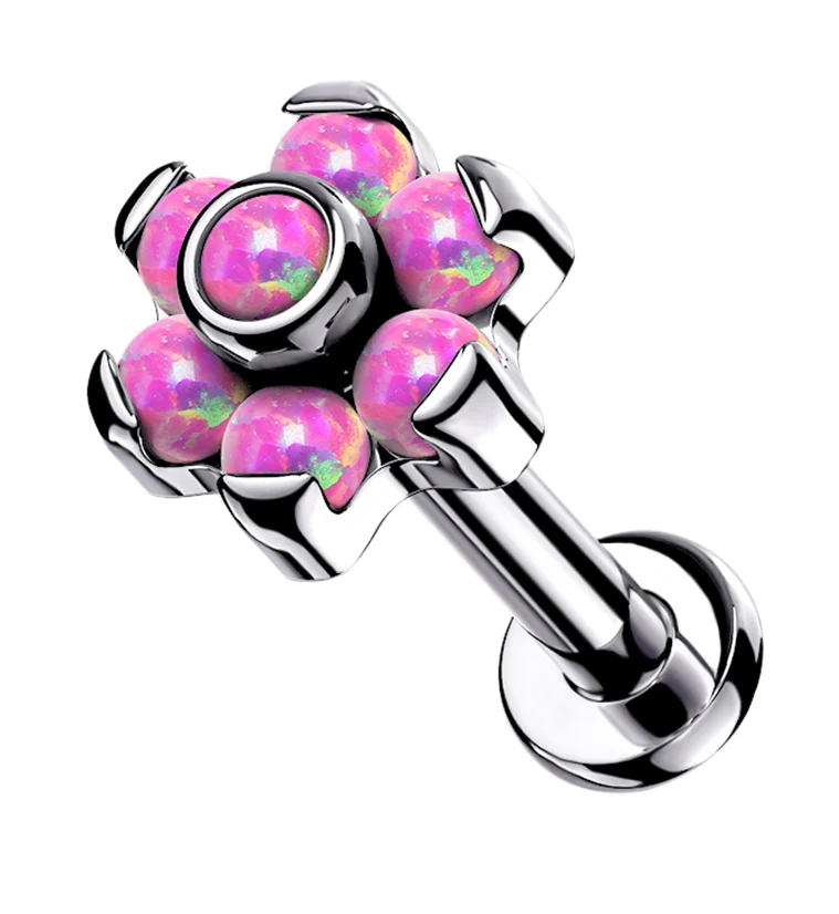 16G Pink Opalite Flower Top Titanium Labret - Mrs Treak