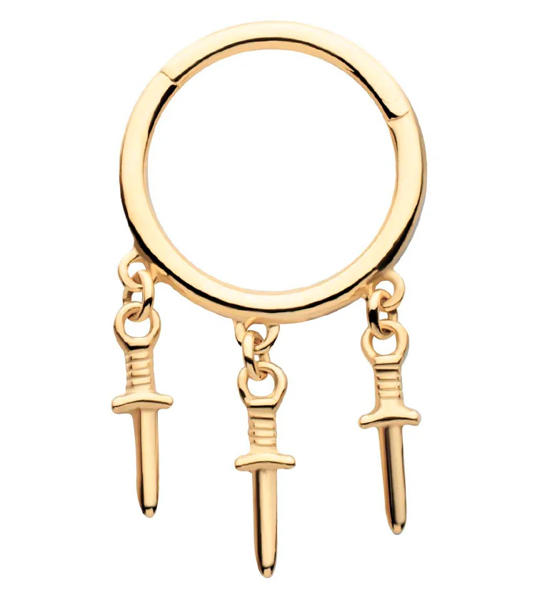 14kt Gold Triple Dagger Dangle Hinged Segment Ring - Mrs Treak