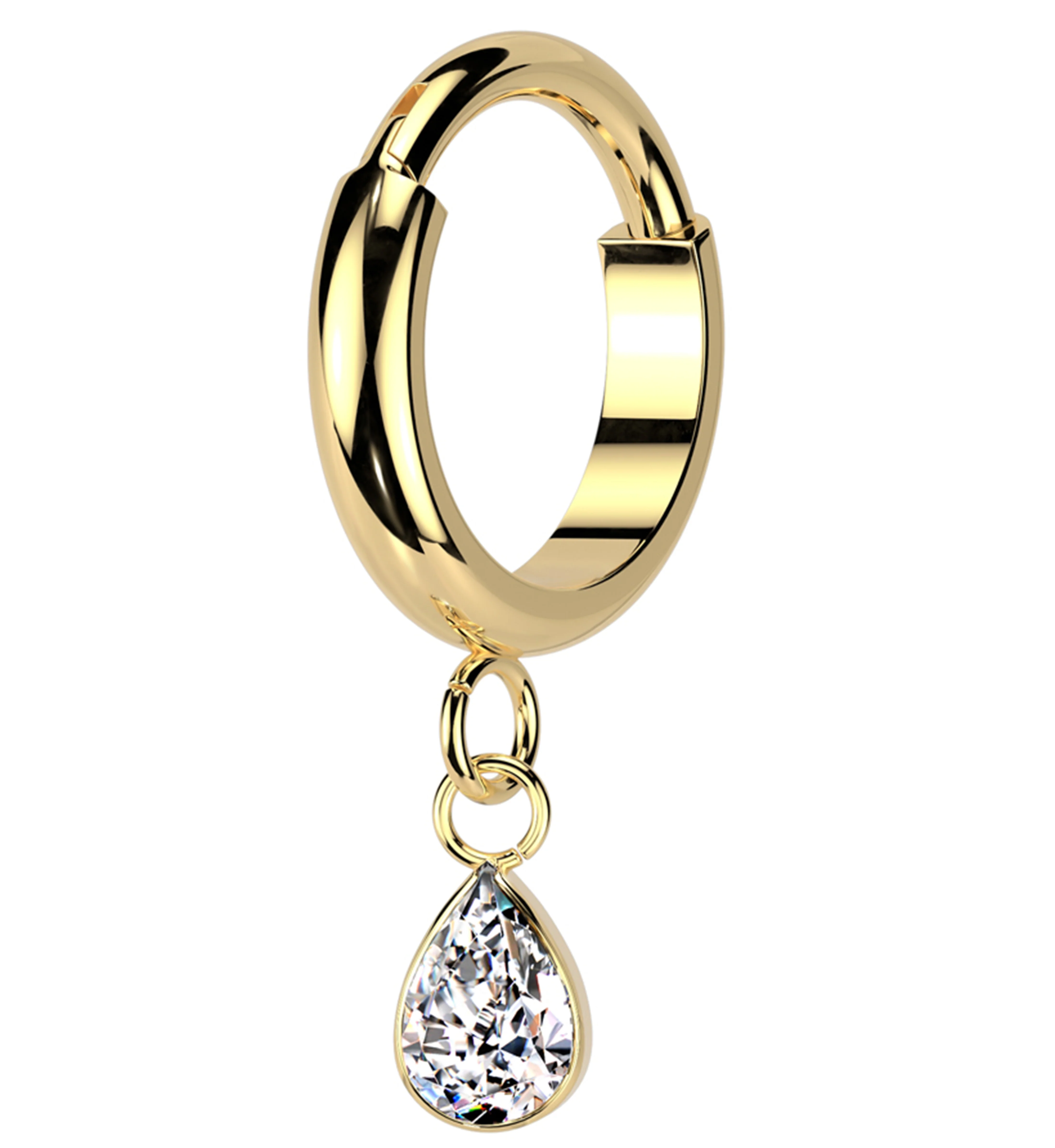 Gold PVD Teardrop Clear CZ Dangle Titanium Hinged Segment Ring - Mrs Treak
