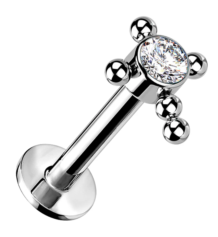 Beaded Cross Clear CZ Titanium Threadless Labret - Mrs Treak