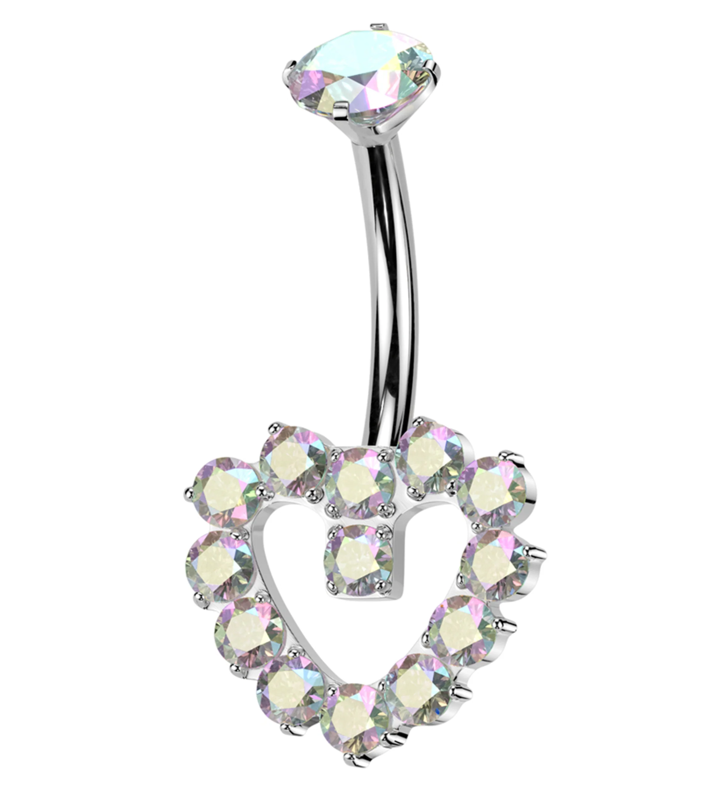 Hollow Heart Rainbow Aurora CZ Titanium Internally Threaded Belly Button Ring - Mrs Treak