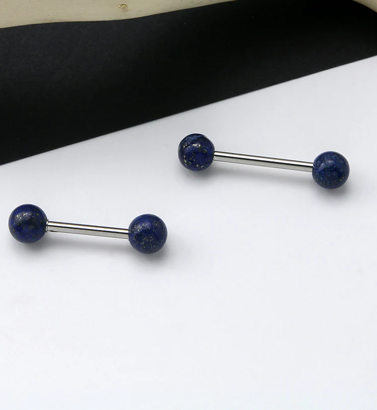 14G Double Sodalite Blue Stone Stainless Steel Barbell - Mrs Treak