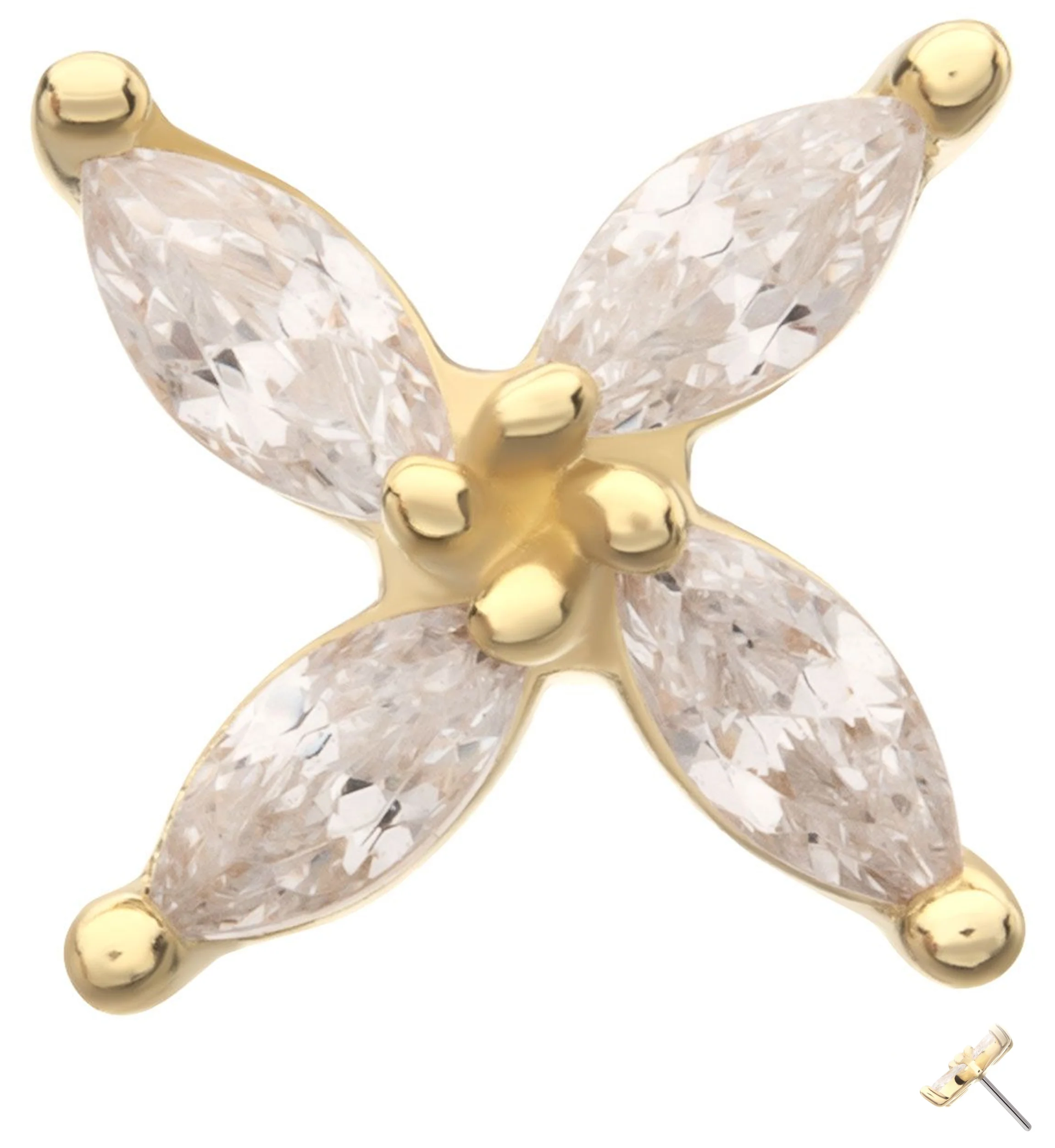 14kt Gold Pinwheel Marquise Clear CZ Threadless Top - Mrs Treak