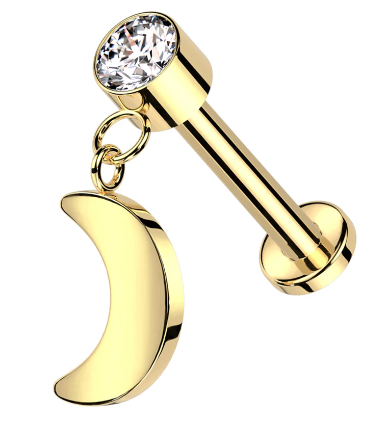Gold PVD Half Moon Dangle Clear CZ Titanium Internally Threaded Labret - Mrs Treak