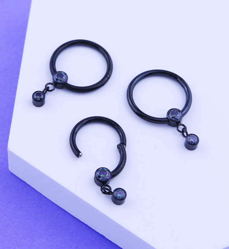Black PVD Bezel Black Aurora CZ Dangle Hinged Segment Ring - Mrs Treak