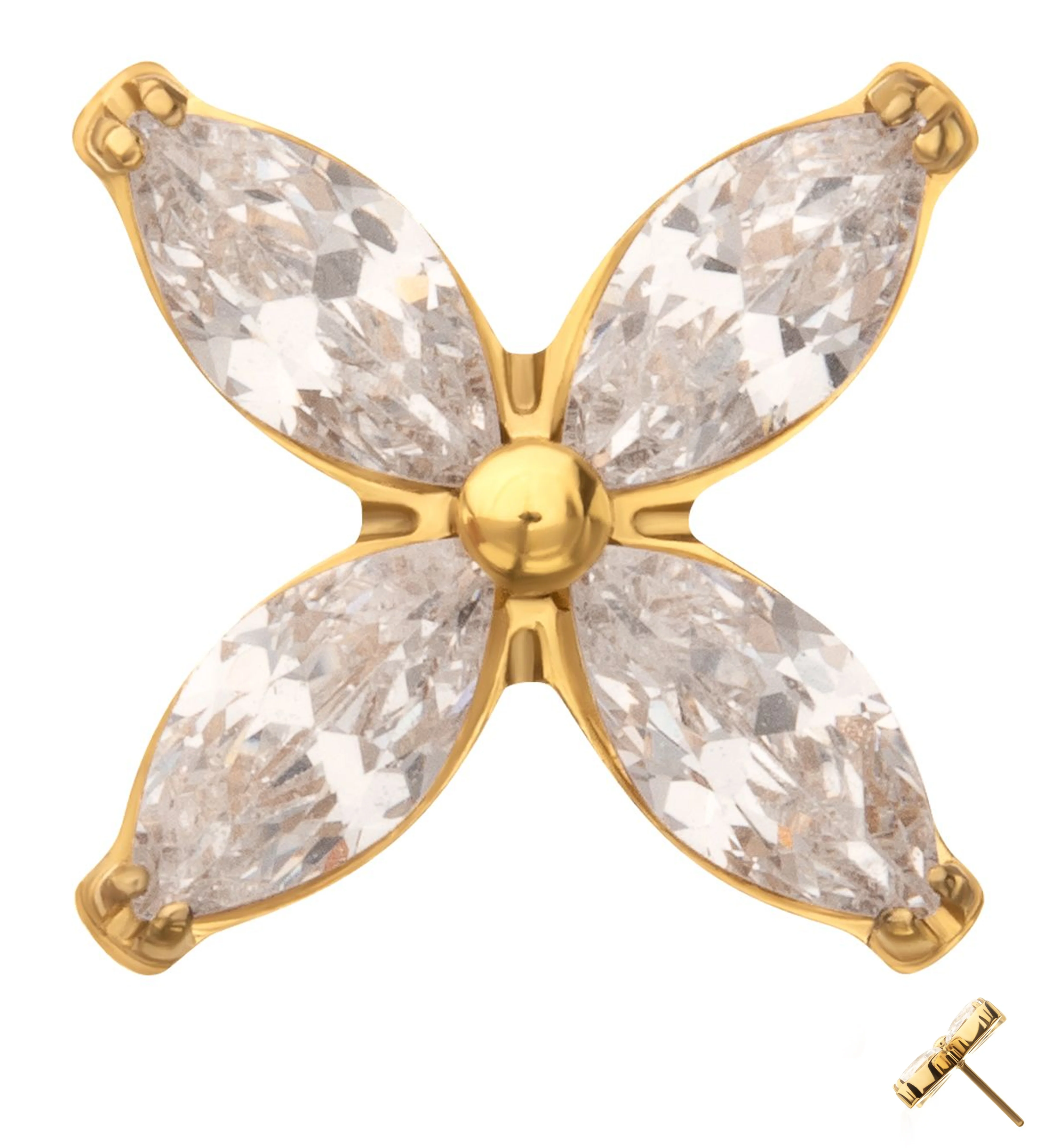 Gold PVD Tetrad Marquise Clear CZ Threadless Titanium Top - Mrs Treak